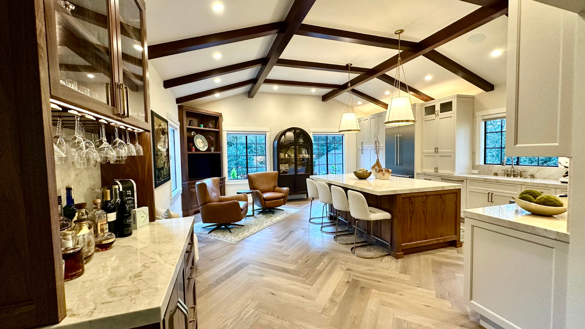 herringbone wood flooring installation in kitchen in San Ramon, CA